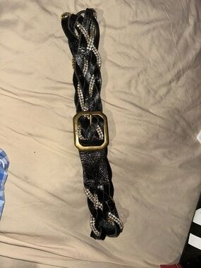 Black Braided Women’s Belt with Gold Buckle and Sparkle Detail